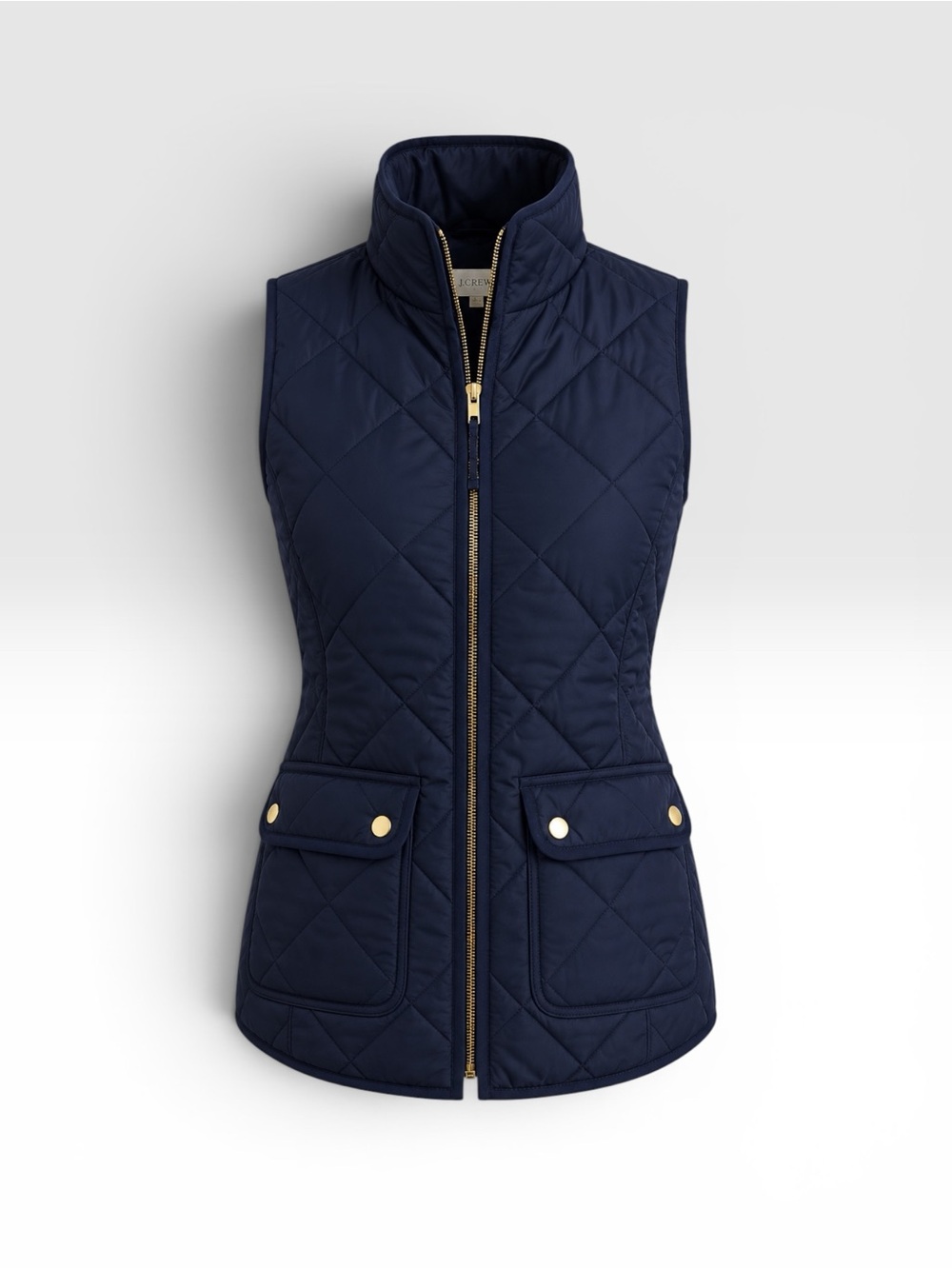 J.Crew Navy Diamond Quilted Down Puffer Vest Gold Zip Utility Pockets 📐M